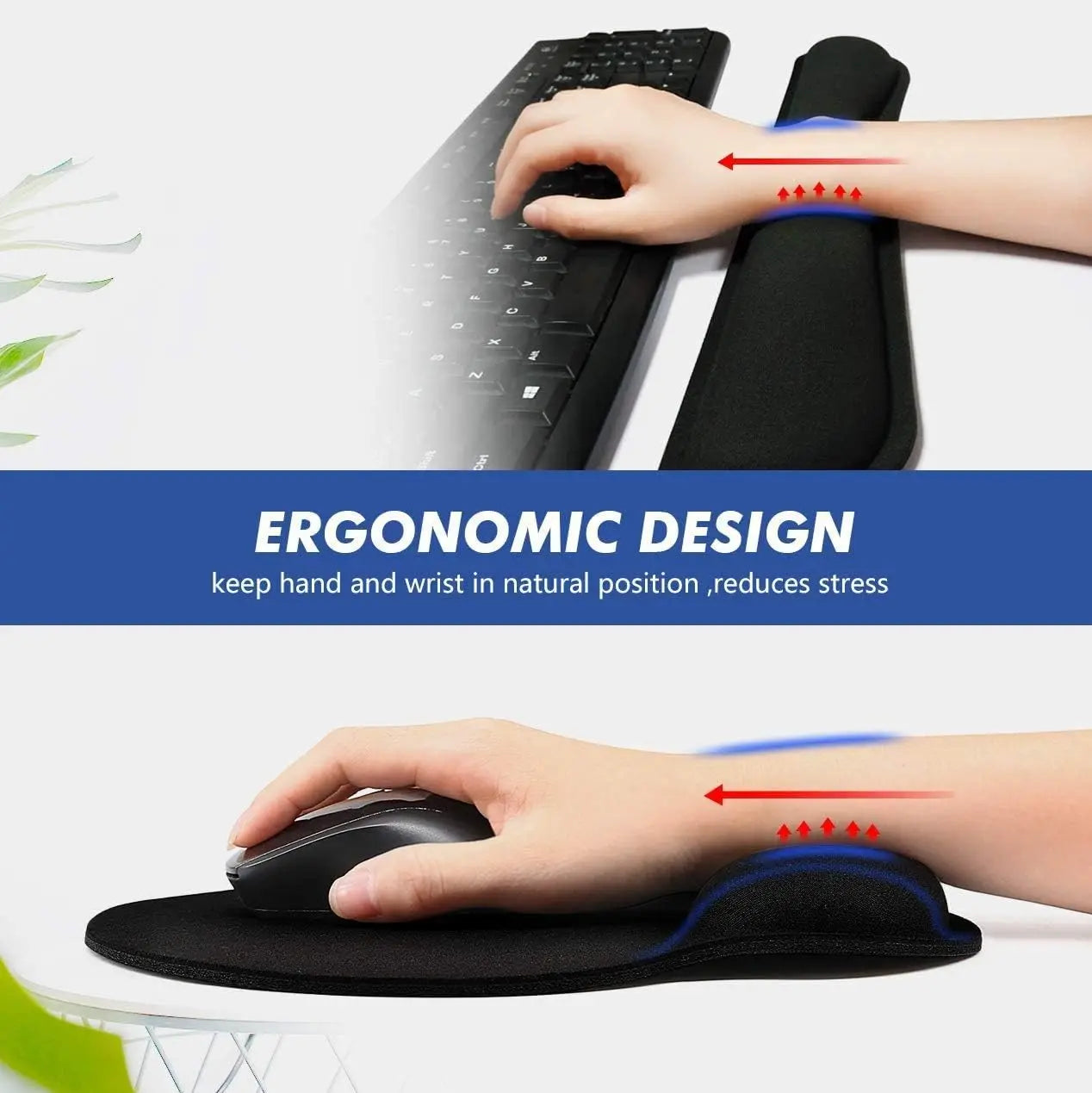 A black ergonomic memory foam wrist rest set for a keyboard and mouse.