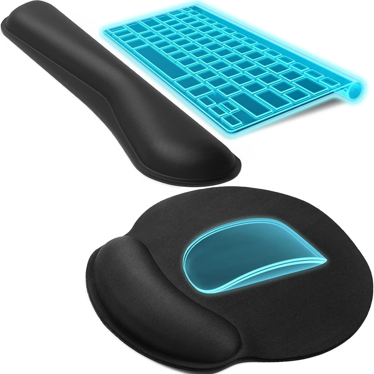 Black wrist rest, blue gel pad, and black mouse pad with blue gel on a white background