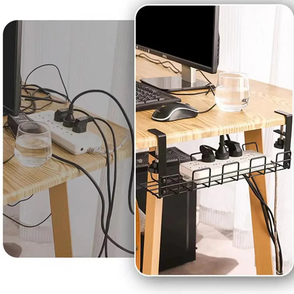Comparison showing a messy desk vs. a clean desk using the cable organizer tray.