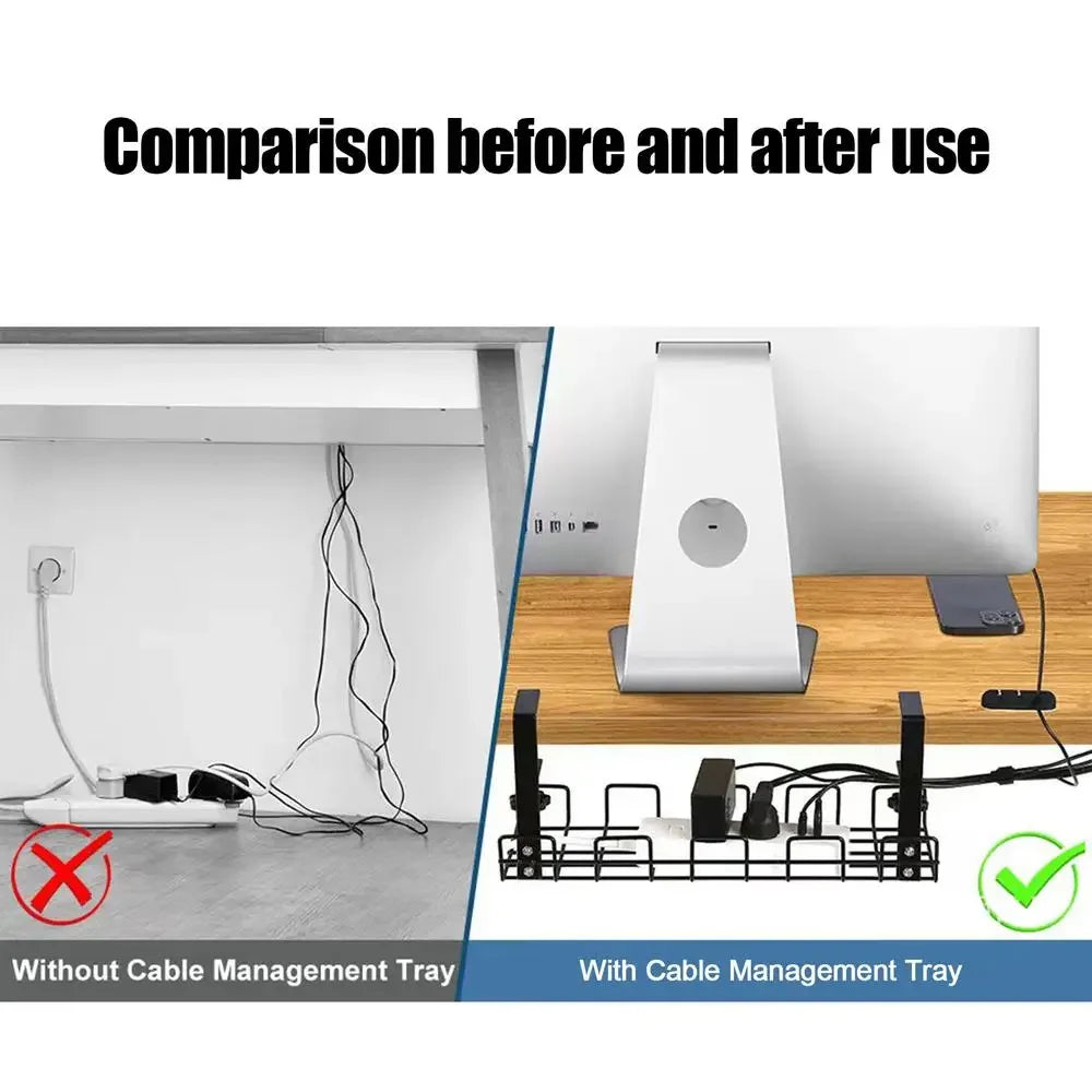 Comparison showing a messy desk vs. a clean desk using the cable organizer tray.