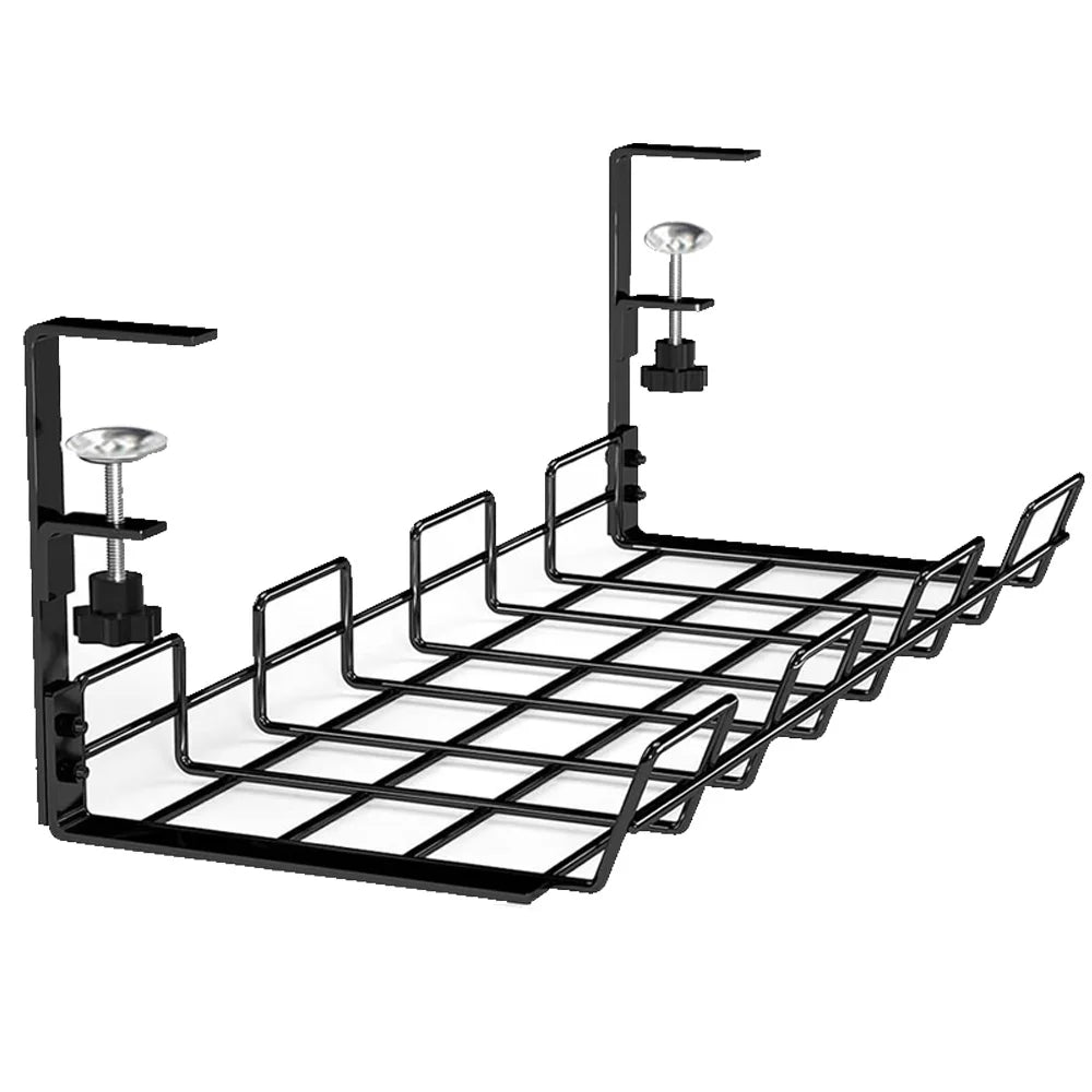 Black under-desk cable tray on a white background