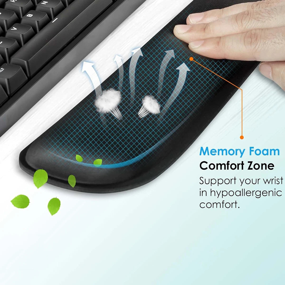 Wrist support pad with memory foam feature on a desk setup