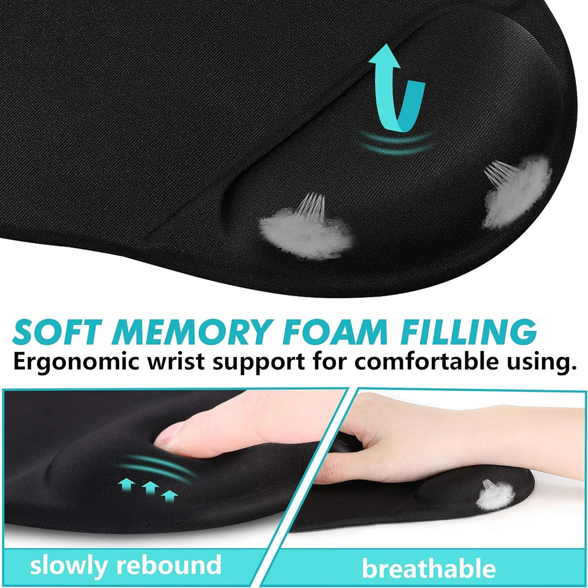 Close-up of the memory foam and breathable Lycra fabric layers of the ergonomic wrist rest.