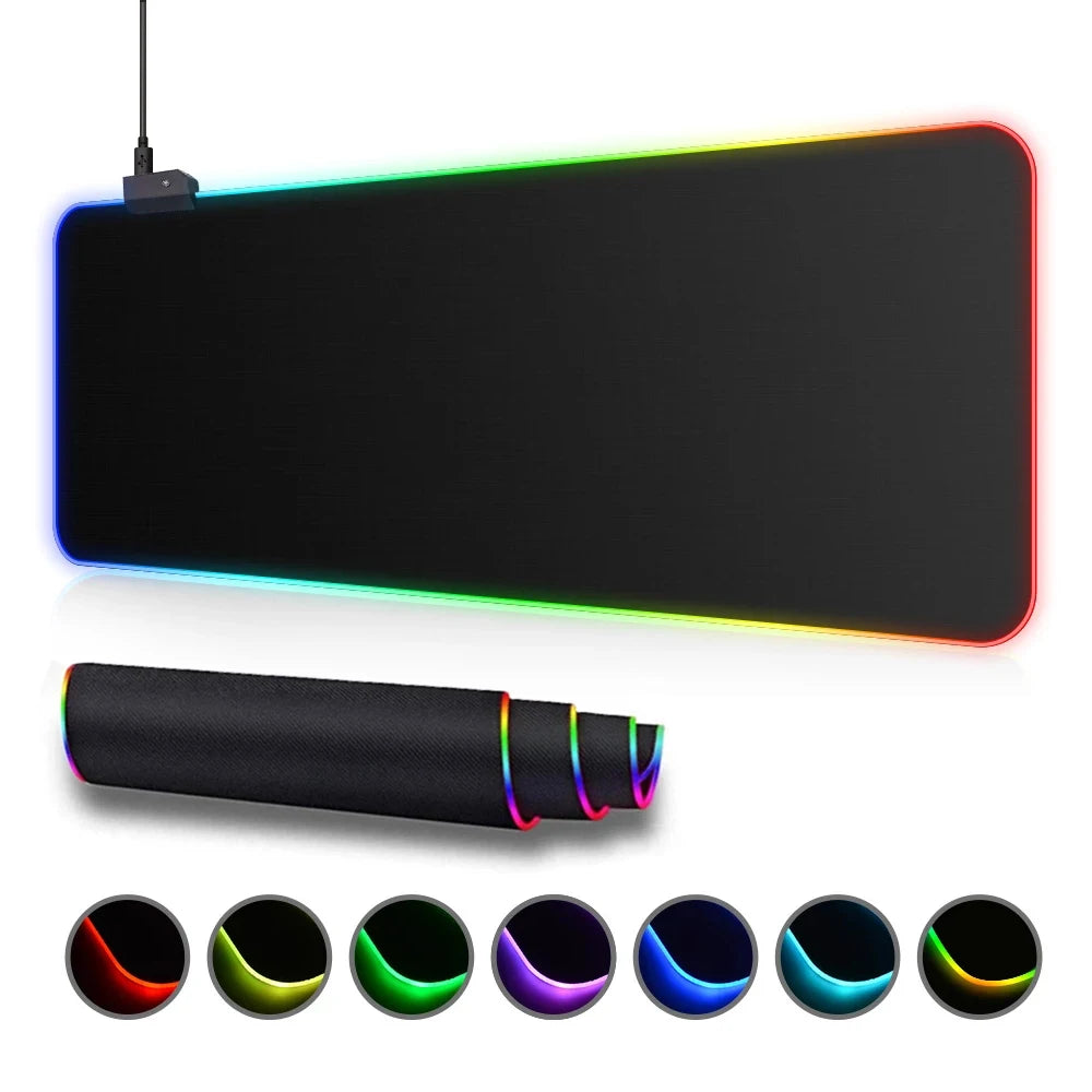 Large RGB gaming desk mat lit up in different color options displayed on a white background.