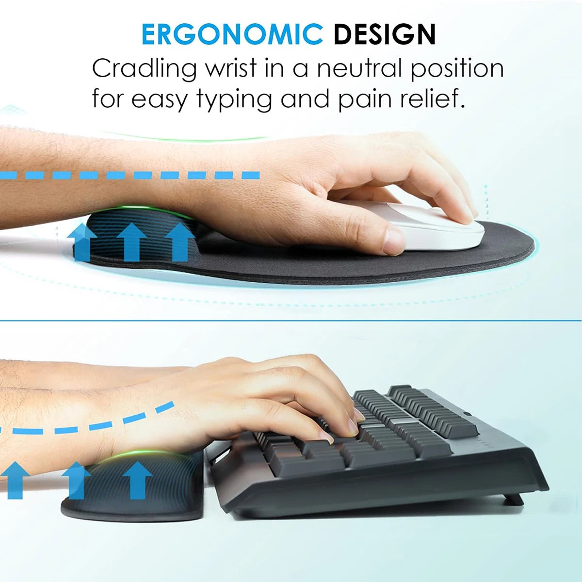 Close-up of the memory foam and breathable Lycra fabric layers of the ergonomic wrist rest.