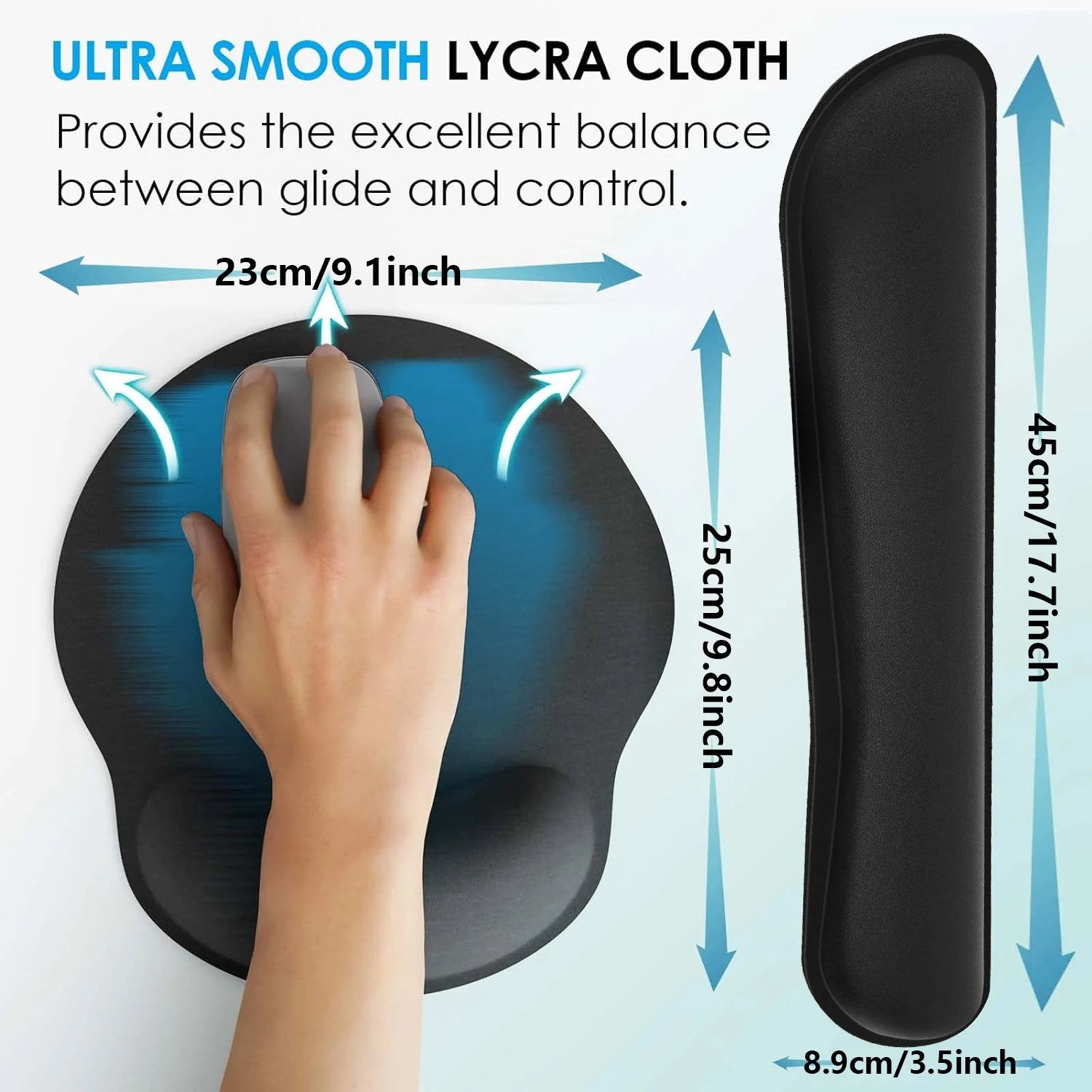Dimensions of the ergonomic keyboard wrist rest and mouse wrist rest.